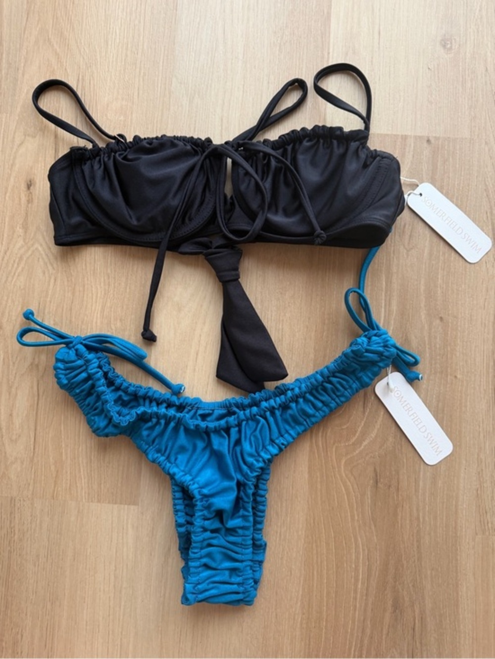 Somerfield Swim Black Bikini Set NWT Small Top & Small Ruched Tie Side Bottoms